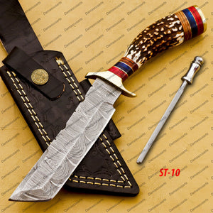 Personalized Custom Handmade Forged Hunter Knife Damascus Steel Tanto Knife Handle Deer Antlar and Wood with Leather Sheath