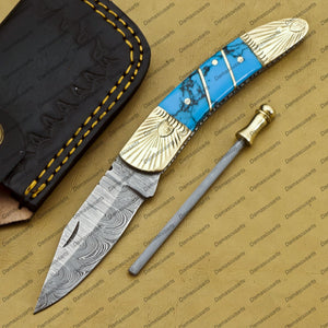 7" beautiful marble and braes handle Handmade Damascus Folding Pocket knife Hunting knife 100% Handmade Damascus groomsmen gifts