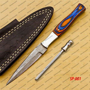 Personalized Custom Handmade Forged Damascus Steel Throwing Dagger  with Leather Sheath