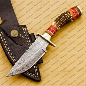 Personalized Custom "8" Inch Handmade Damascus Steel Hunting Knife Handle Deer Antler W Leather C. the Handle Color and Gard Shape with Rod and Black Leather Sheath