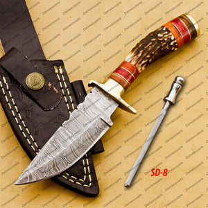 Personalized Custom "8" Inch Handmade Damascus Steel Hunting Knife Handle Deer Antler W Leather C. the Handle Color and Gard Shape with Rod and Black Leather Sheath