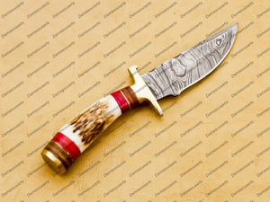 Personalized Custom 6 Inch Deer Beautiful Handmade Damascus Steel Hunting Knife Leather Sheath Sharping Rod Hunting Knife Handmade Knife Damascus