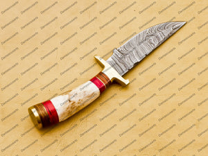 Personalized Custom 6 Inch Deer Beautiful Handmade Damascus Steel Hunting Knife Leather Sheath Sharping Rod Hunting Knife Handmade Knife Damascus