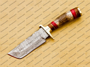 Personalized Custom Handmade 6 Inch Deertanto Beautiful Handmade Damascus Steel Hunting Knife with Black Leather Sheath Sharping Rod Hunting Knife Handmade Damascus