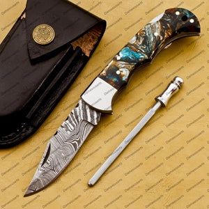 Personalized Custom Handmade Damascus Knife Custom Pocket Fold Knife Groomsmen Gifts Anniversary Gift Authentic Damascus Steel Blade Gift for Him Sf-016