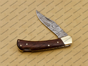 Personalized Custom Hand Made Closed 9″blade Pocket Knife Hunting Knife Wengy Wood Handle with Damascus with Leather Sheath