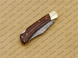 Personalized Custom Hand Made Closed 9″blade Pocket Knife Hunting Knife Wengy Wood Handle with Damascus with Leather Sheath