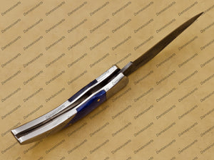 Personalized 8" Handmade Damascus Pocket Knife Blue Lagoon Folding Knife Custom Knife Hande Made Usa Made with Leather Sheath