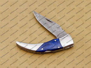 Personalized 8" Handmade Damascus Pocket Knife Blue Lagoon Folding Knife Custom Knife Hande Made Usa Made with Leather Sheath