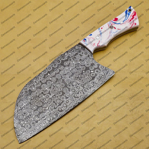 Handmade Damascus Steel Cleaver Chopper Chef Kitchen Knife Heavy Duty Damascus Handle German Razon with Leather Sheeth