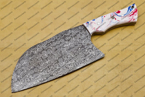 Handmade Damascus Steel Cleaver Chopper Chef Kitchen Knife Heavy Duty Damascus Handle German Razon with Leather Sheeth