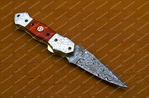 8.0'' Handmade Damascus Folding Pocket knife Hunting knife Handmade Damascus Steel Handle Olive Blue Wood with leather Sheath