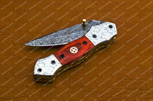 8.0'' Handmade Damascus Folding Pocket knife Hunting knife Handmade Damascus Steel Handle Olive Blue Wood with leather Sheath