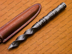 Personalized 6.5 inch Custom Forged Hunter Damascus Steel Tri Dagger Hand Forged Twisted Pattern Kris Dagger With Leather Cover