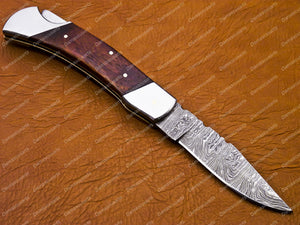 Personalized Custom Damascus Steel Folding Pocket Knife with Handle Olive Wood with Leather Sheeth