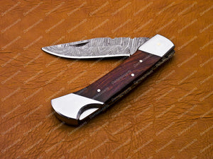 Personalized Custom Damascus Steel Folding Pocket Knife with Handle Olive Wood with Leather Sheeth