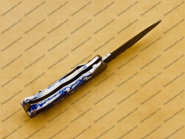 Personalized Custom Handmade Damascus Steel Pocket Knife Hunting knife Resin Sheet Handle With Leather Sheath Boyfriend Groomsman Knife - Image 9