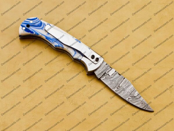 Personalized Custom Handmade Damascus Steel Pocket Knife Hunting knife Resin Sheet Handle With Leather Sheath Boyfriend Groomsman Knife - Image 10