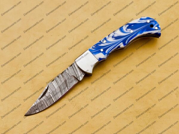 Personalized Custom Handmade Damascus Steel Pocket Knife Hunting knife Resin Sheet Handle With Leather Sheath Boyfriend Groomsman Knife - Image 8