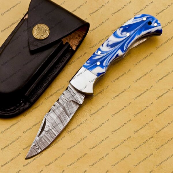 Personalized Custom Handmade Damascus Steel Pocket Knife Hunting knife Resin Sheet Handle With Leather Sheath Boyfriend Groomsman Knife - Image 6