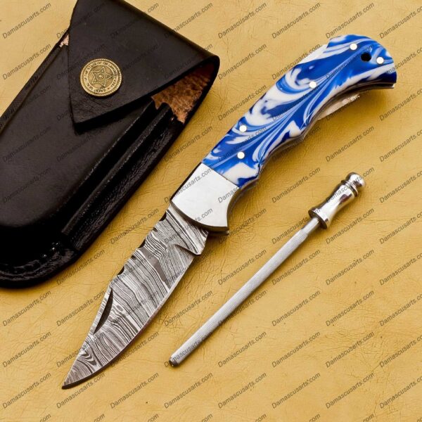 Personalized Custom Handmade Damascus Steel Pocket Knife Hunting knife Resin Sheet Handle With Leather Sheath Boyfriend Groomsman Knife - Image 3