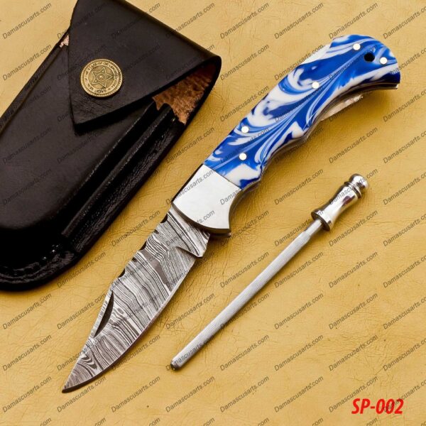 Personalized Custom Handmade Damascus Steel Pocket Knife Hunting knife Resin Sheet Handle With Leather Sheath Boyfriend Groomsman Knife