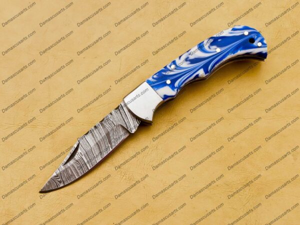 Personalized Custom Handmade Damascus Steel Pocket Knife Hunting knife Resin Sheet Handle With Leather Sheath Boyfriend Groomsman Knife - Image 4