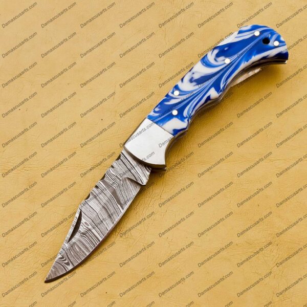 Personalized Custom Handmade Damascus Steel Pocket Knife Hunting knife Resin Sheet Handle With Leather Sheath Boyfriend Groomsman Knife - Image 2