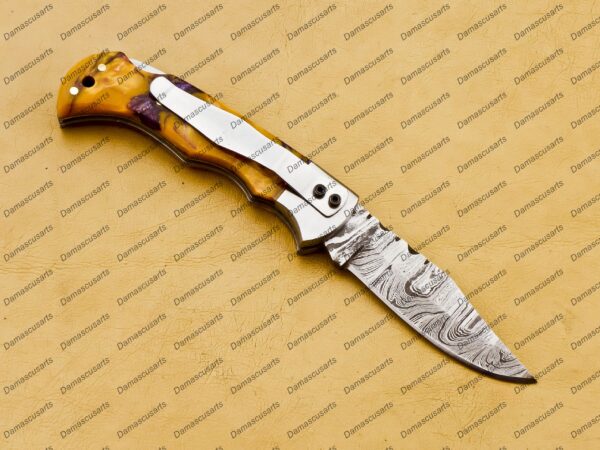Personalized Handmade Damascus Pocket Knife | 6-Inch Compact Folding Knife with Leather Sheath | Artisan-Crafted 3-Inch Blade - Image 6