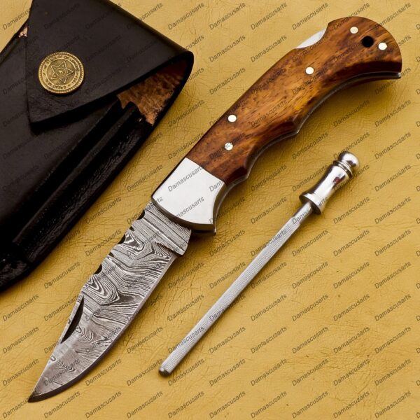 Personalized Damascus Folding Pocket Knife Custom Handmade Damascus Steel Pocket Knife USA, Engraved EDC Groomsmen Gift, 3″ Razor-Sharp Blade with Leather Sheath & Fast U.S. Shipping - Image 2