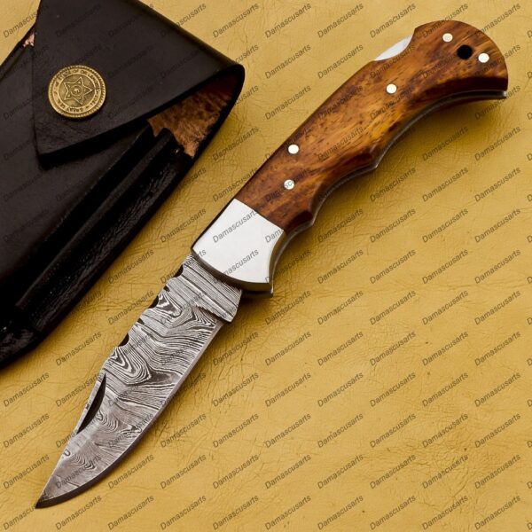 Personalized Damascus Folding Pocket Knife Custom Handmade Damascus Steel Pocket Knife USA, Engraved EDC Groomsmen Gift, 3″ Razor-Sharp Blade with Leather Sheath & Fast U.S. Shipping - Image 3