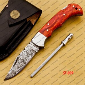 Personalized Damascus Folding Pocket Knife Custom Handmade Damascus Steel Pocket Knife USA, Engraved EDC Groomsmen Gift, 3″ Razor-Sharp Blade with Leather Sheath & Fast U.S. Shipping
