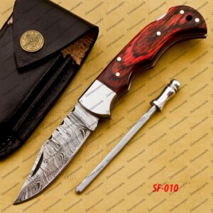 Personalized Damascus Folding Pocket Knife Custom Handmade Damascus Steel Pocket Knife USA, Engraved EDC Groomsmen Gift, 3″ Razor-Sharp Blade with Leather Sheath & Fast U.S. Shipping