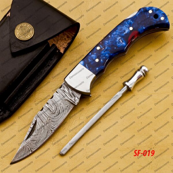 Personalized Damascus Folding Pocket Knife Custom Handmade Damascus Steel Pocket Knife USA, Engraved EDC Groomsmen Gift, 3″ Razor-Sharp Blade with Leather Sheath & Fast U.S. Shipping