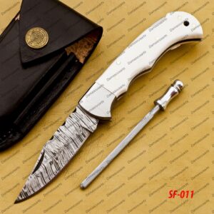Personalized Damascus Folding Pocket Knife Custom Handmade Damascus Steel Pocket Knife USA, Engraved EDC Groomsmen Gift, 3″ Razor-Sharp Blade with Leather Sheath & Fast U.S. Shipping