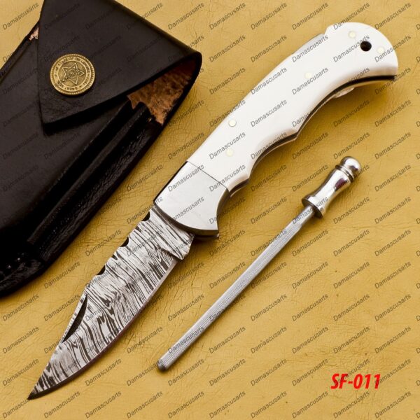 Personalized Damascus Folding Pocket Knife Custom Handmade Damascus Steel Pocket Knife USA, Engraved EDC Groomsmen Gift, 3″ Razor-Sharp Blade with Leather Sheath & Fast U.S. Shipping