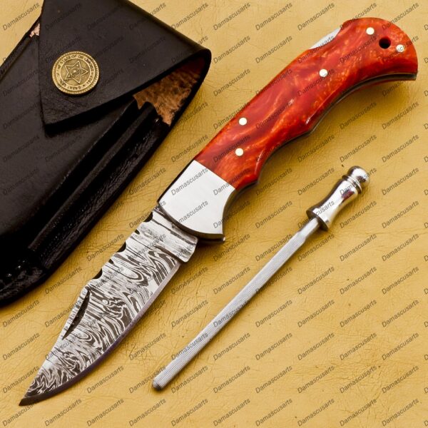 Personalized Damascus Folding Pocket Knife Custom Handmade Damascus Steel Pocket Knife USA, Engraved EDC Groomsmen Gift, 3″ Razor-Sharp Blade with Leather Sheath & Fast U.S. Shipping - Image 2