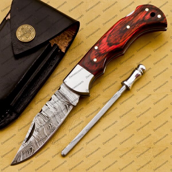 Personalized Damascus Folding Pocket Knife Custom Handmade Damascus Steel Pocket Knife USA, Engraved EDC Groomsmen Gift, 3″ Razor-Sharp Blade with Leather Sheath & Fast U.S. Shipping - Image 2
