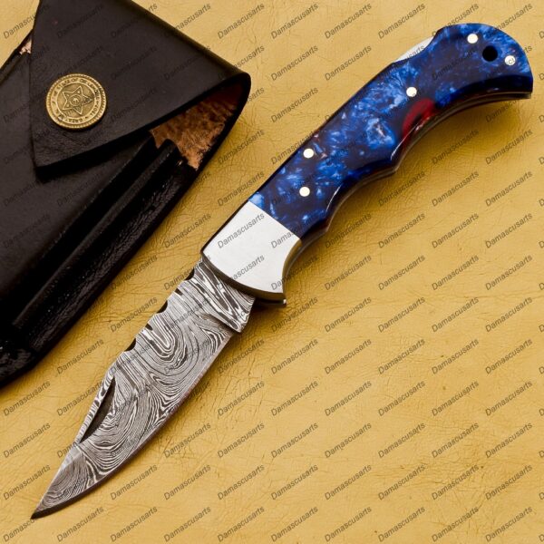 Personalized Damascus Folding Pocket Knife Custom Handmade Damascus Steel Pocket Knife USA, Engraved EDC Groomsmen Gift, 3″ Razor-Sharp Blade with Leather Sheath & Fast U.S. Shipping - Image 2