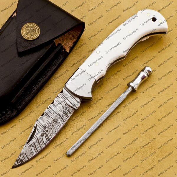 Personalized Damascus Folding Pocket Knife Custom Handmade Damascus Steel Pocket Knife USA, Engraved EDC Groomsmen Gift, 3″ Razor-Sharp Blade with Leather Sheath & Fast U.S. Shipping - Image 2
