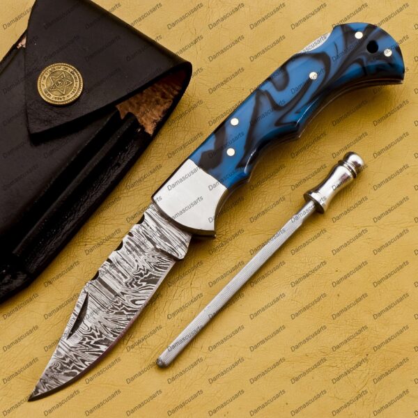 Personalized Damascus Folding Pocket Knife Custom Handmade Damascus Steel Pocket Knife USA, Engraved EDC Groomsmen Gift, 3″ Razor-Sharp Blade with Leather Sheath & Fast U.S. Shipping - Image 2