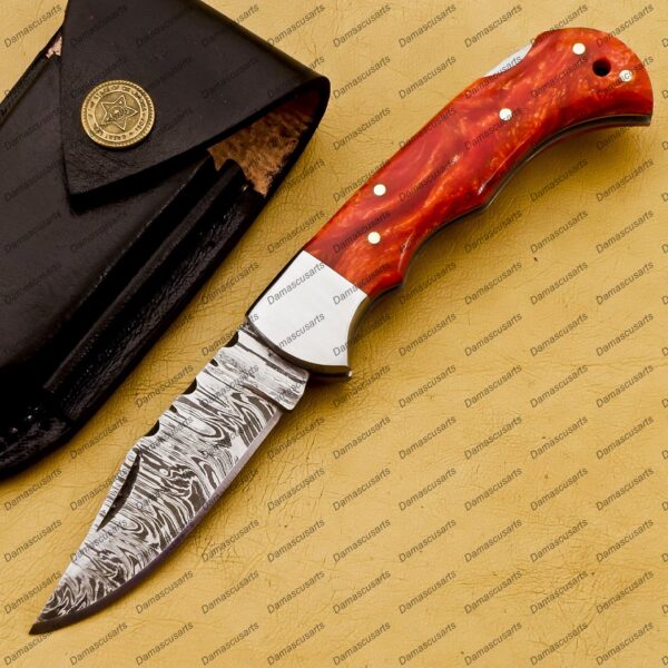 Personalized Damascus Folding Pocket Knife Custom Handmade Damascus Steel Pocket Knife USA, Engraved EDC Groomsmen Gift, 3″ Razor-Sharp Blade with Leather Sheath & Fast U.S. Shipping - Image 3