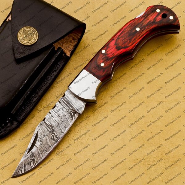 Personalized Damascus Folding Pocket Knife Custom Handmade Damascus Steel Pocket Knife USA, Engraved EDC Groomsmen Gift, 3″ Razor-Sharp Blade with Leather Sheath & Fast U.S. Shipping - Image 3