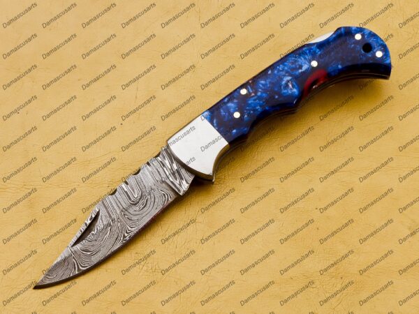 Personalized Damascus Folding Pocket Knife Custom Handmade Damascus Steel Pocket Knife USA, Engraved EDC Groomsmen Gift, 3″ Razor-Sharp Blade with Leather Sheath & Fast U.S. Shipping - Image 3