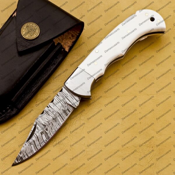 Personalized Damascus Folding Pocket Knife Custom Handmade Damascus Steel Pocket Knife USA, Engraved EDC Groomsmen Gift, 3″ Razor-Sharp Blade with Leather Sheath & Fast U.S. Shipping - Image 3