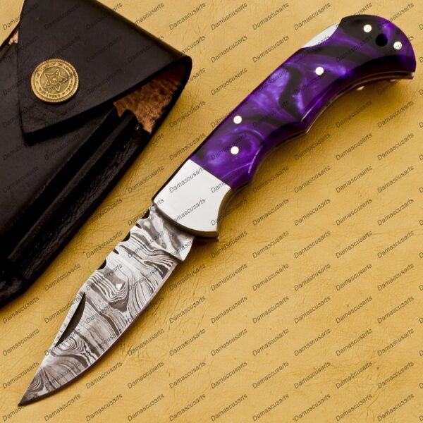 Personalized Damascus Folding Pocket Knife Custom Handmade Damascus Steel Pocket Knife USA, Engraved EDC Groomsmen Gift, 3″ Razor-Sharp Blade with Leather Sheath & Fast U.S. Shipping - Image 3