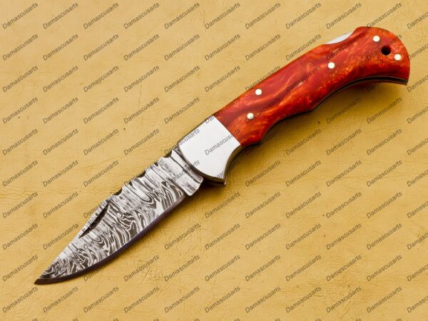 Personalized Damascus Folding Pocket Knife Custom Handmade Damascus Steel Pocket Knife USA, Engraved EDC Groomsmen Gift, 3″ Razor-Sharp Blade with Leather Sheath & Fast U.S. Shipping - Image 4