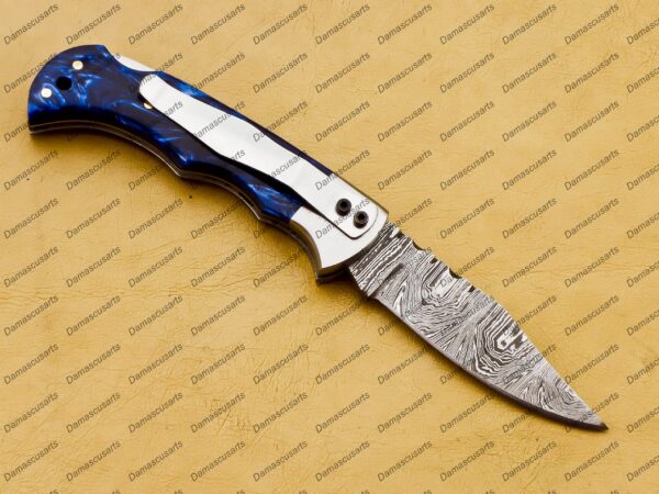 Personalized Damascus Folding Pocket Knife Custom Handmade Damascus Steel Pocket Knife USA, Engraved EDC Groomsmen Gift, 3″ Razor-Sharp Blade with Leather Sheath & Fast U.S. Shipping - Image 4