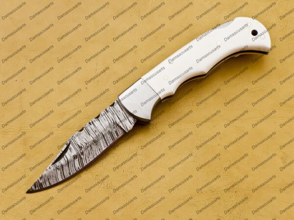 Personalized Damascus Folding Pocket Knife Custom Handmade Damascus Steel Pocket Knife USA, Engraved EDC Groomsmen Gift, 3″ Razor-Sharp Blade with Leather Sheath & Fast U.S. Shipping - Image 4