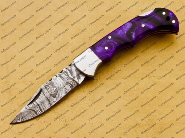 Personalized Damascus Folding Pocket Knife Custom Handmade Damascus Steel Pocket Knife USA, Engraved EDC Groomsmen Gift, 3″ Razor-Sharp Blade with Leather Sheath & Fast U.S. Shipping - Image 4